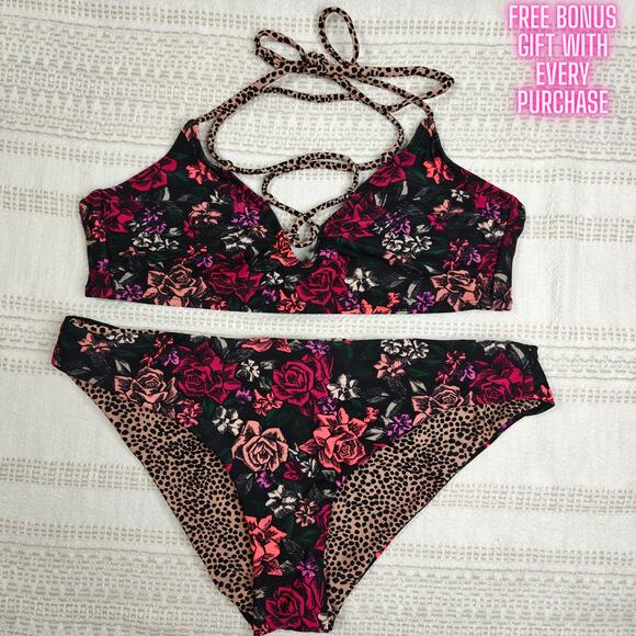 Urbanology Floral Leopard Bikini Set 2-Piece Swimsuit Size L NEW - Picture 1 of 5
